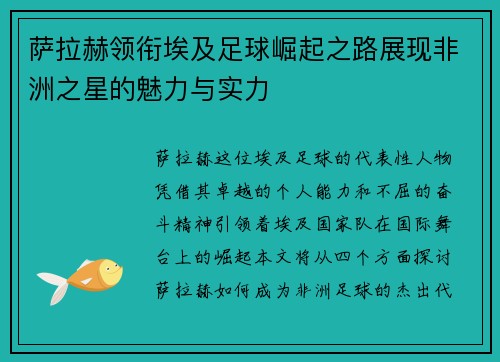 萨拉赫领衔埃及足球崛起之路展现非洲之星的魅力与实力