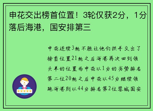 申花交出榜首位置！3轮仅获2分，1分落后海港，国安排第三